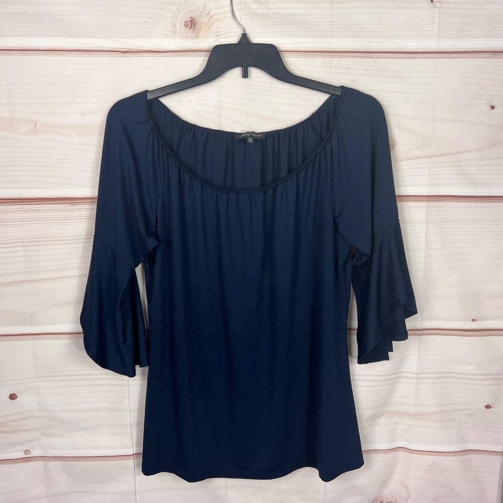 Slinky Brand Top Women L Blue Off The Shoulder Blouse Flare Sleeve Knit Pullover